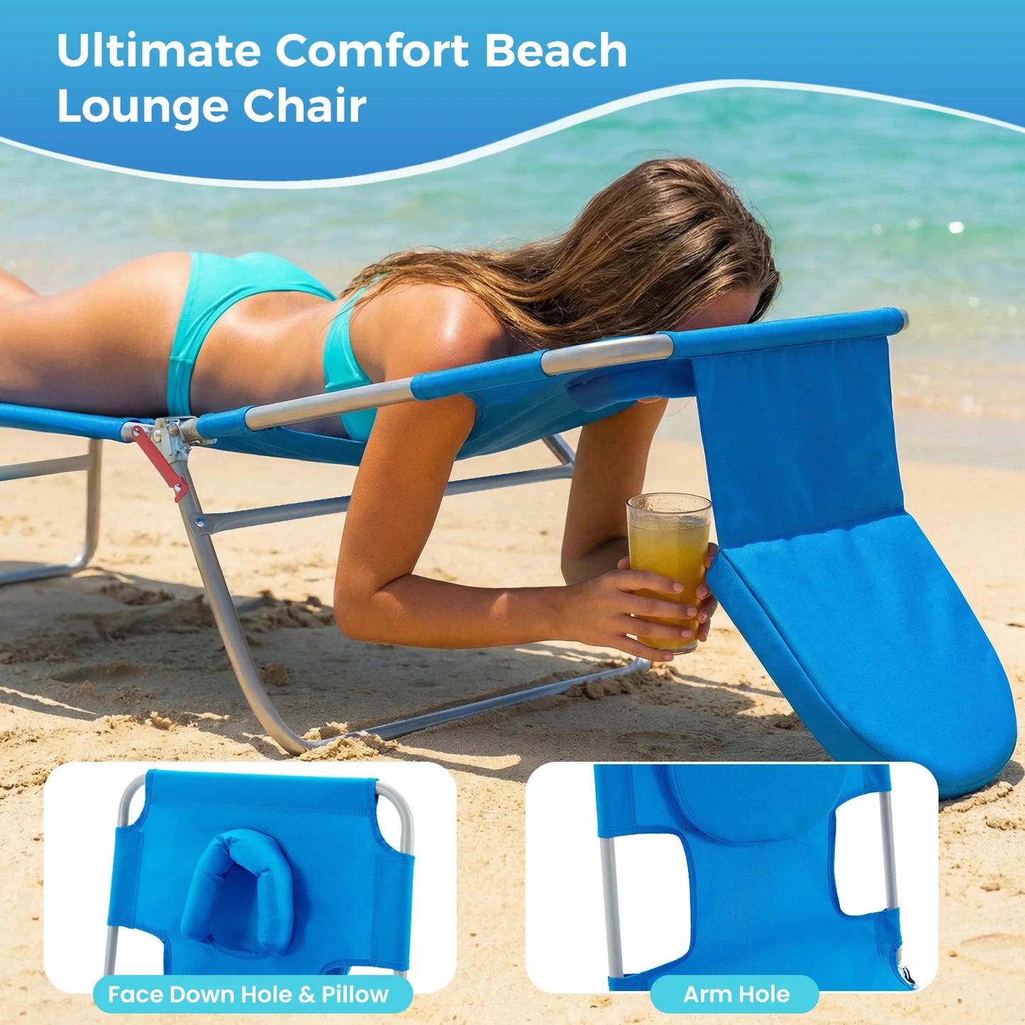 JHK Five Position Adjustable Recline Beach Lounge Chair Portable Folding
