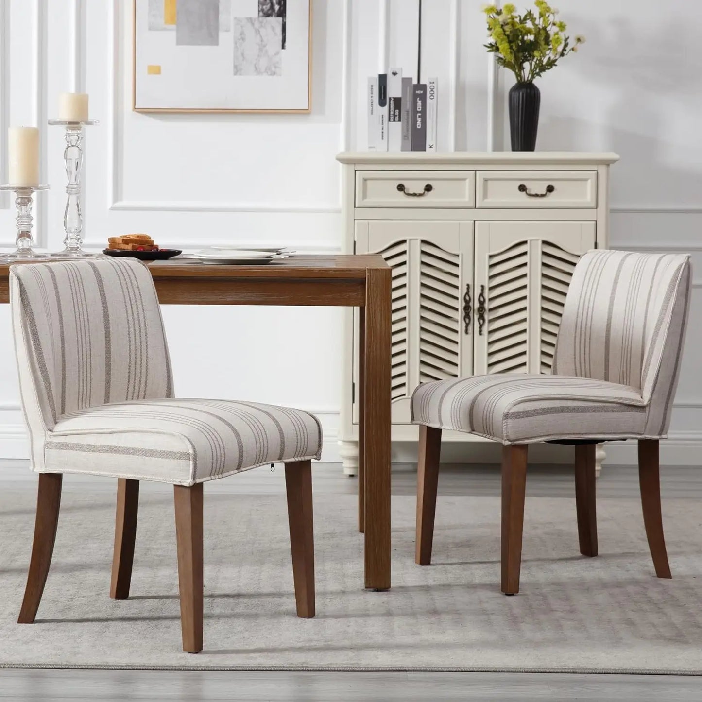 Farmhouse Dining Chairs Set Upholstered Linen Fabric Walnut Wood