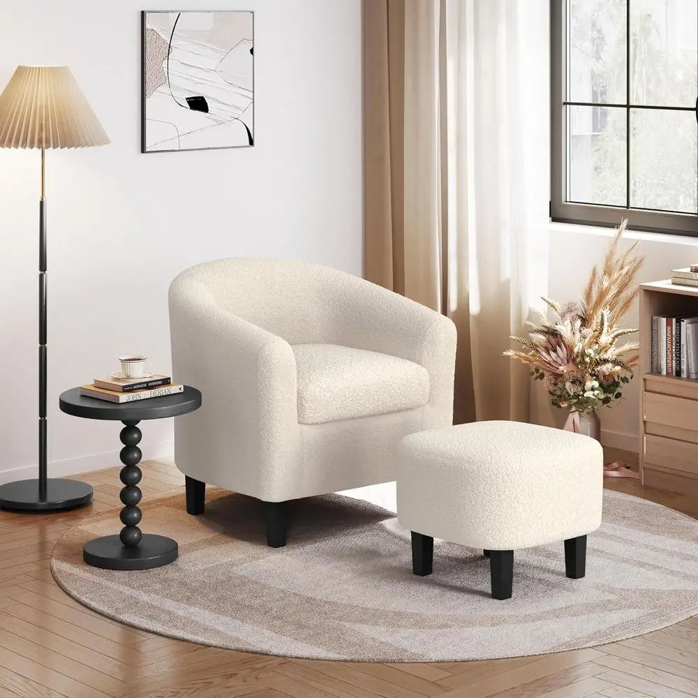 Barrel Chair With Ottoman Set in Boucle Fabric for Living Room