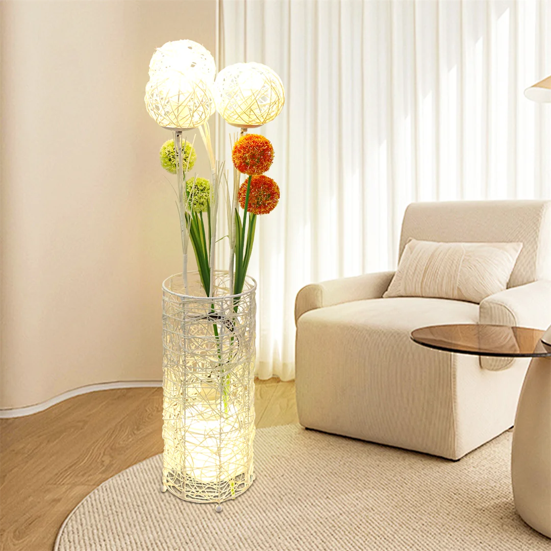 Contemporary Rattan Floor Lamp With Iron Base Decor