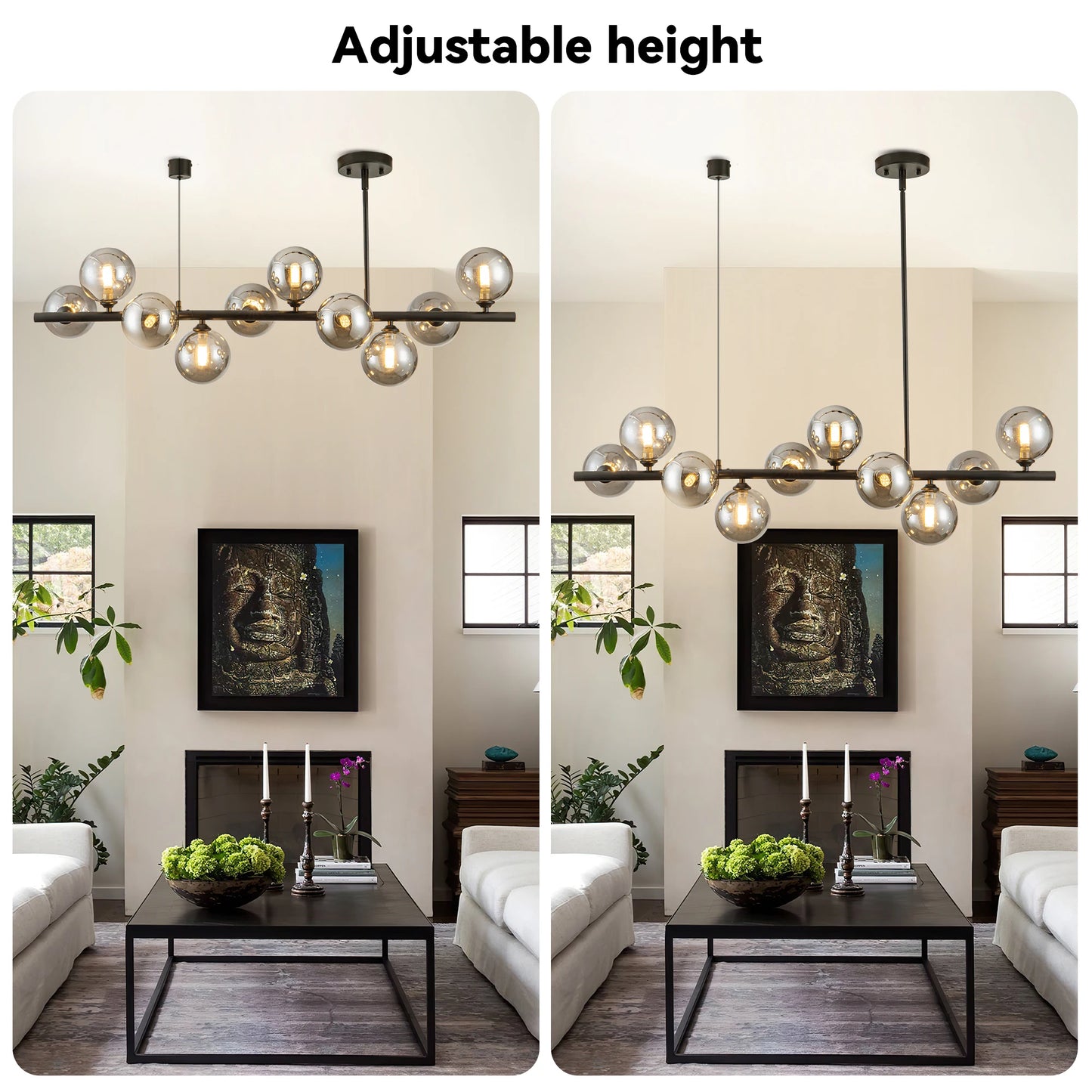 10 Light Adjustable Chandelier Smoked Glass Globes Mid Century Modern