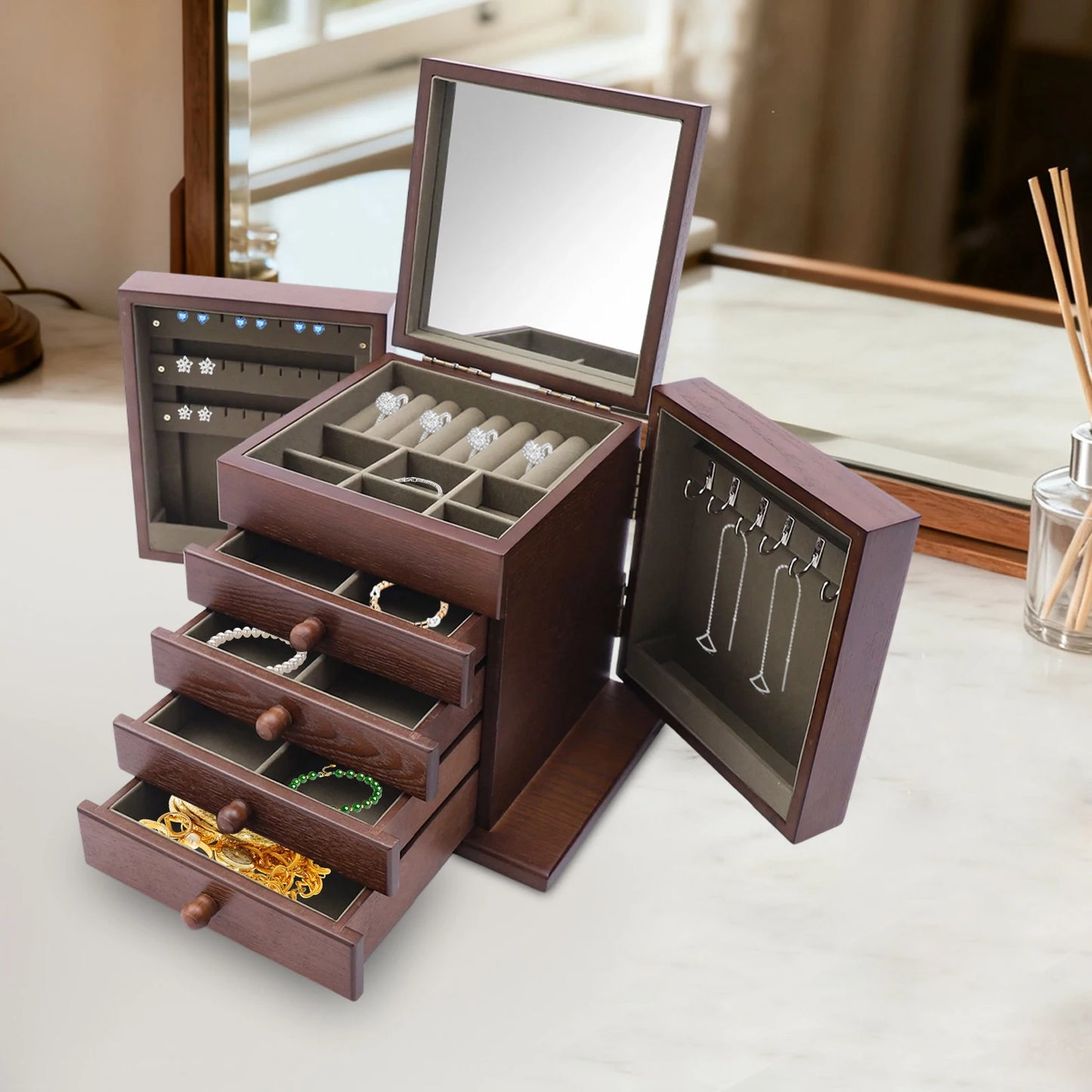 Bymaocar Jewelry Organizer Box With Mirror And Multi Drawers Storage