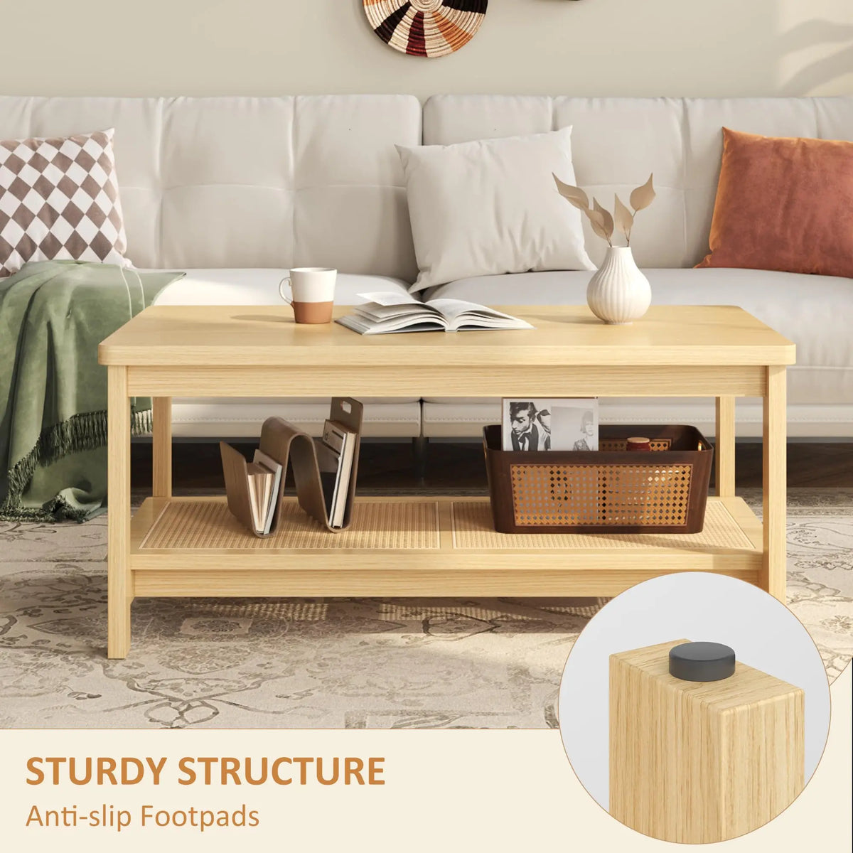 HiMISS Boho Rattan Coffee Table With Storage Shelf Two Tier