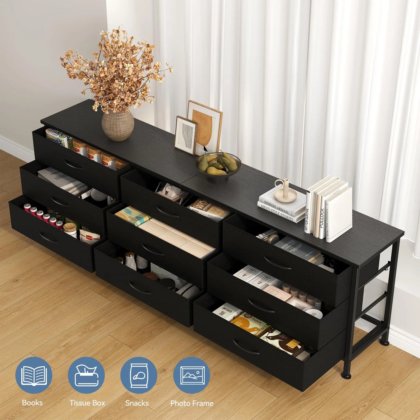 JHK Living Room Cabinet With 9 Fabric Drawers TV Console