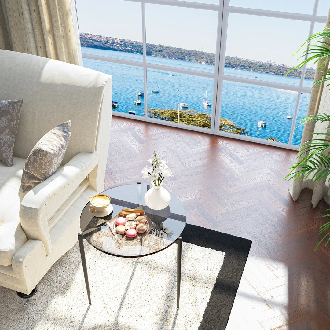 Modern Tempered Glass Round Side Table With Metal Frame