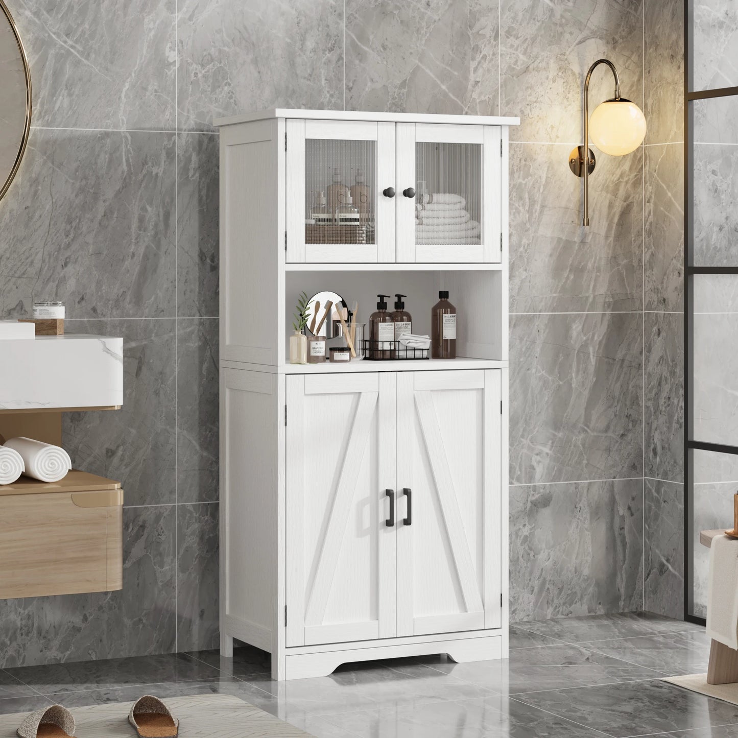 HobbyLane Free Standing Kitchen Pantry Cupboard With Tempered Glass Doors