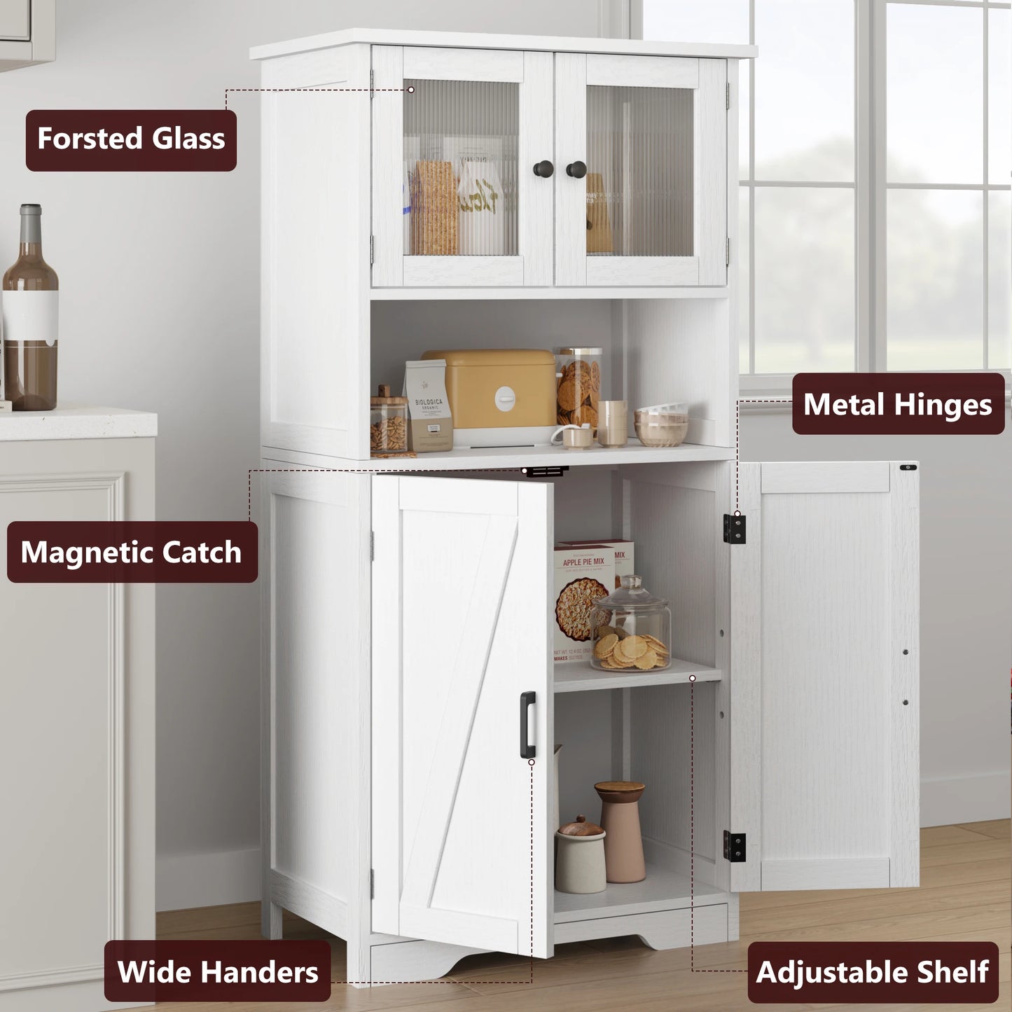 HobbyLane Free Standing Kitchen Pantry Cupboard With Tempered Glass Doors
