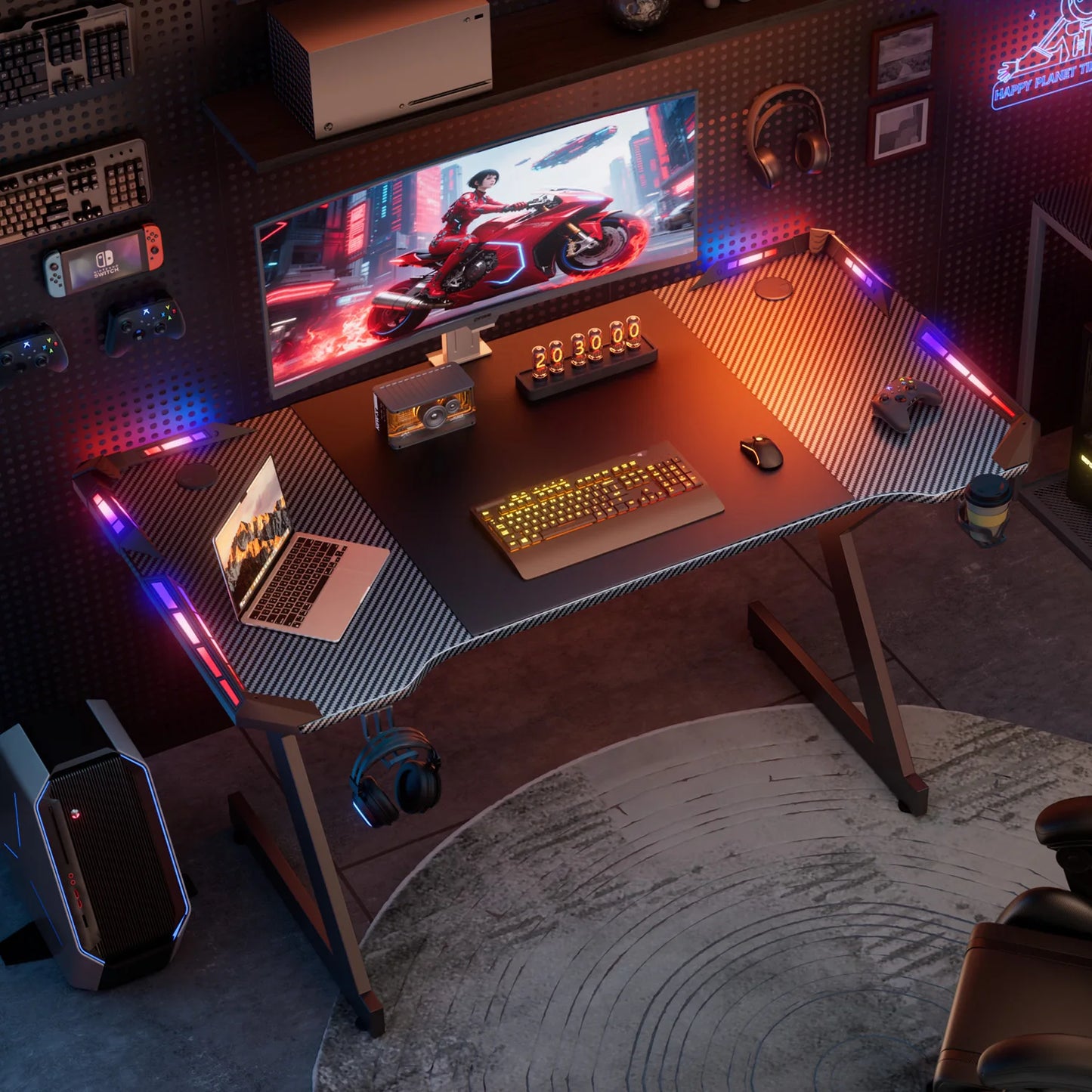 FRODROVIA Y Shaped Gaming Desk With RGB LED Lights Cup Holder