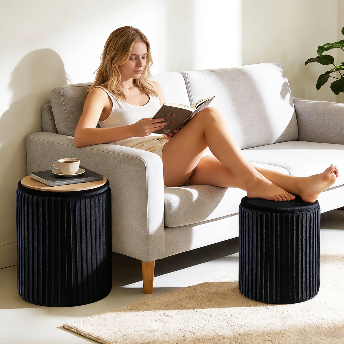 JHK Round Wooden Ottoman With Hidden Storage Footstool Set