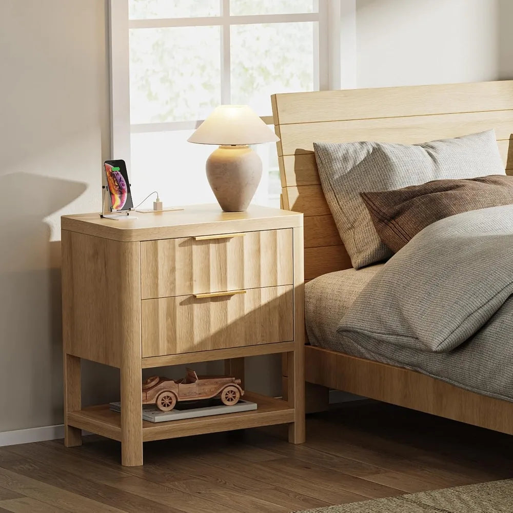Fluted Wood Nightstands With USBC Charger Station Set Of 2