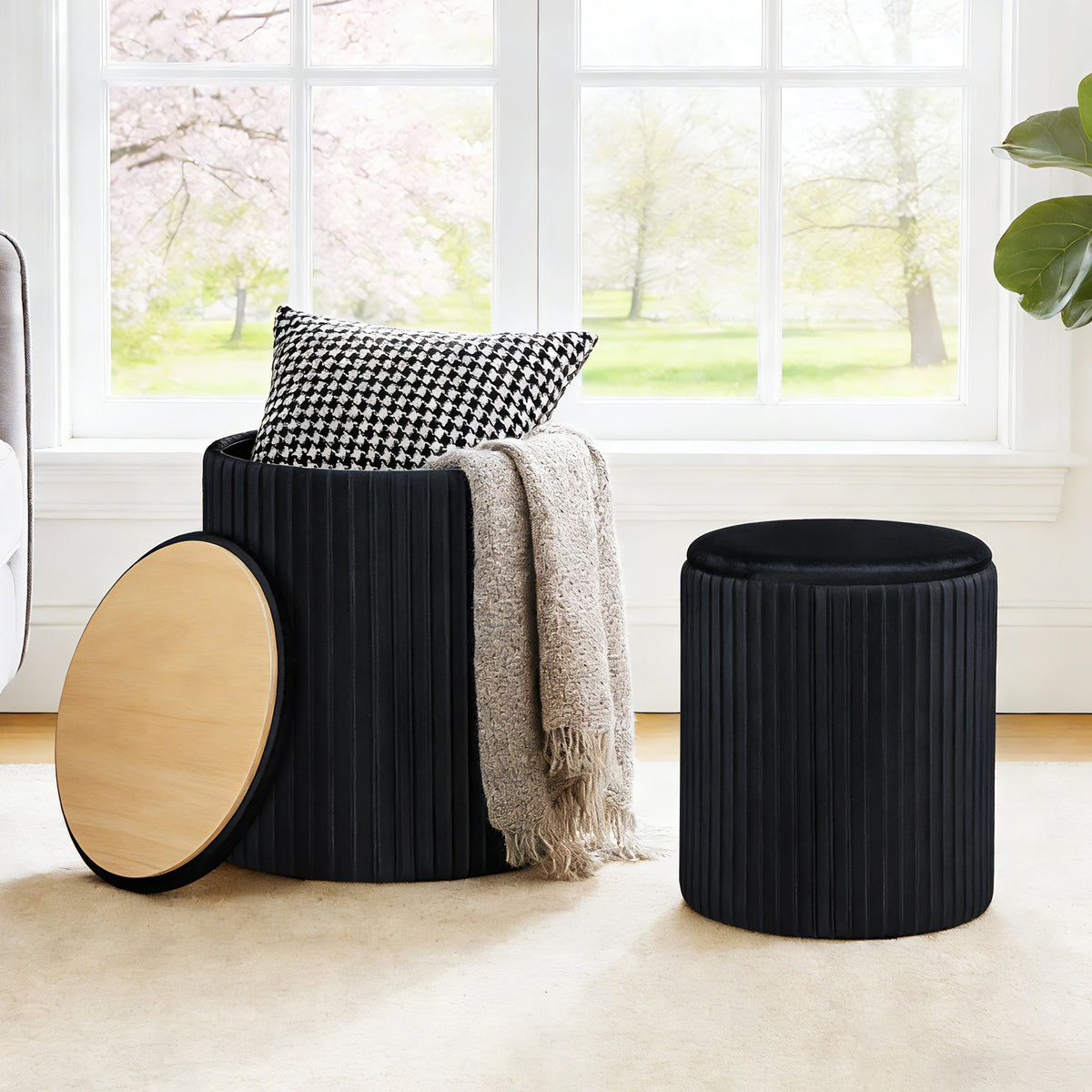 JHK Round Wooden Ottoman With Hidden Storage Footstool Set