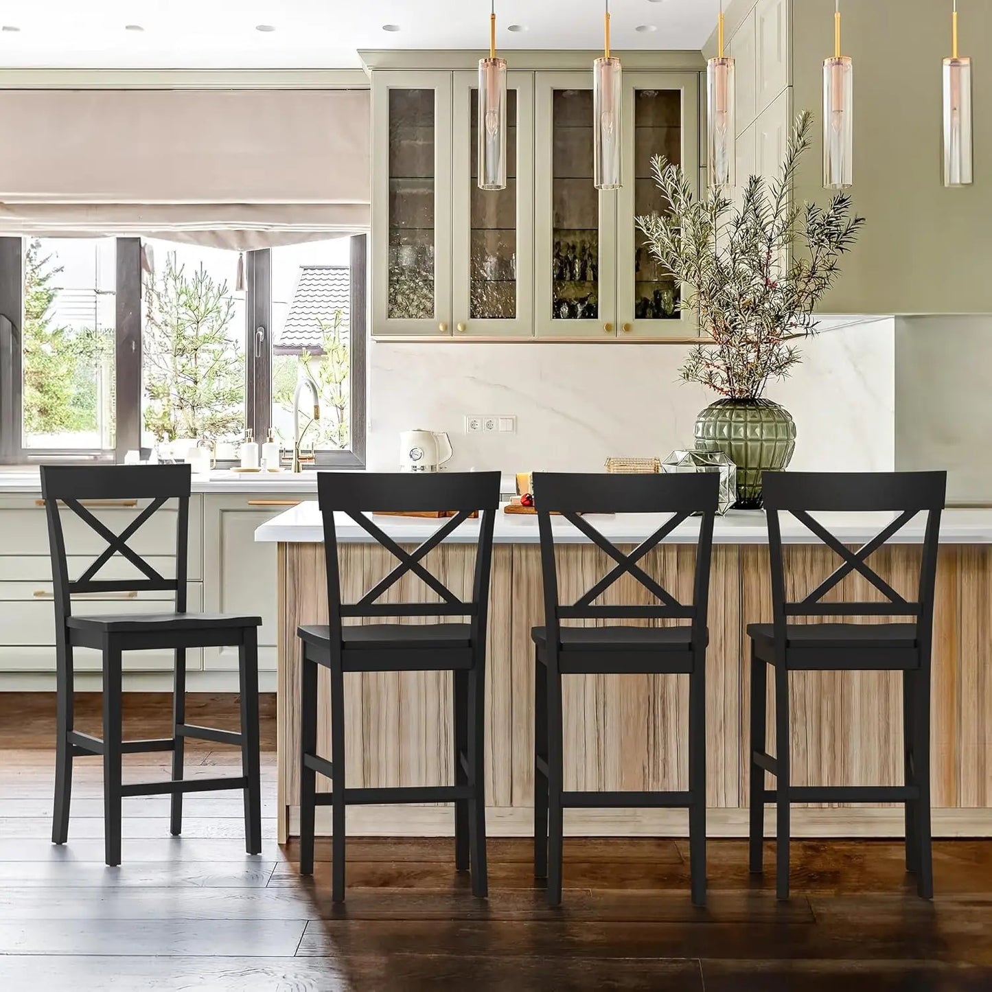 Wooden Counter Stools Set Of 4 X Back With Back And Footrest For Kitchen Island