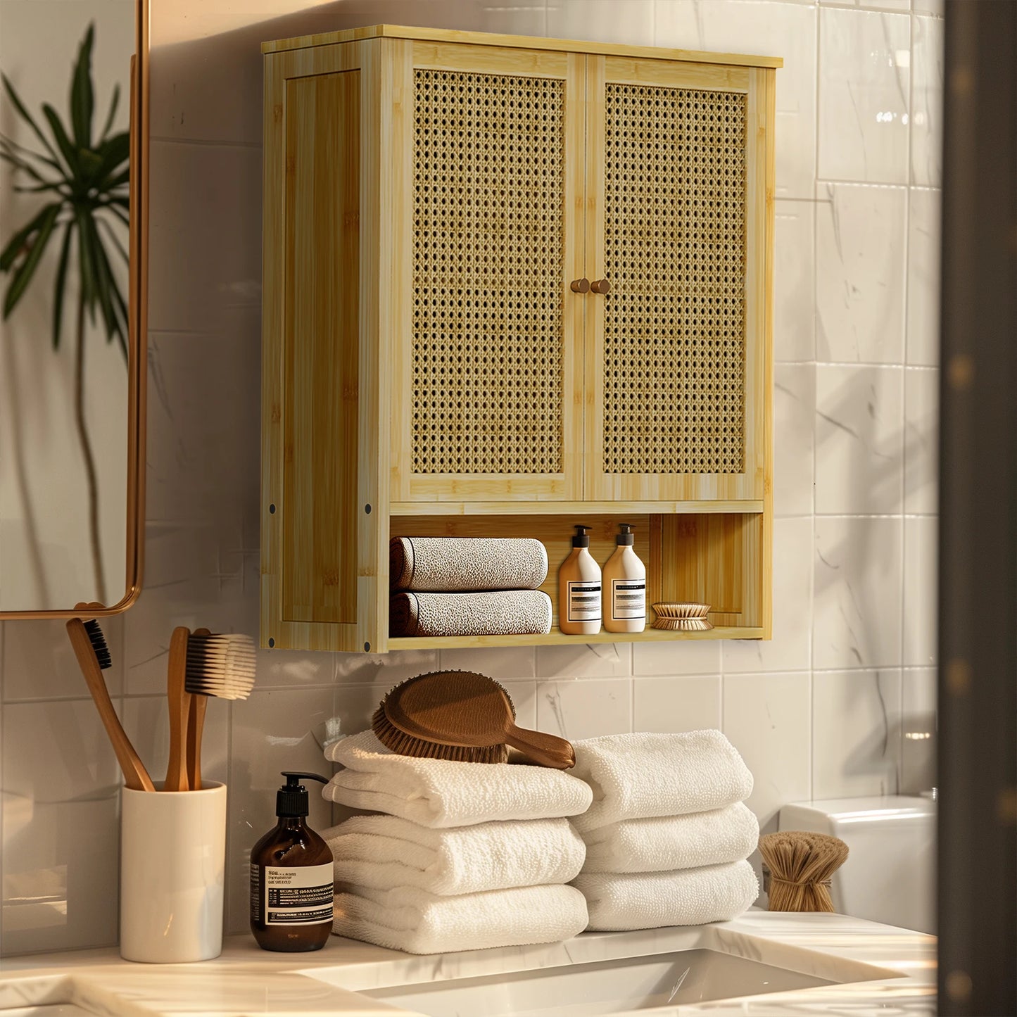 Bamboo Wall Cabinet For Bathroom Over Toilet With 3 Shelves
