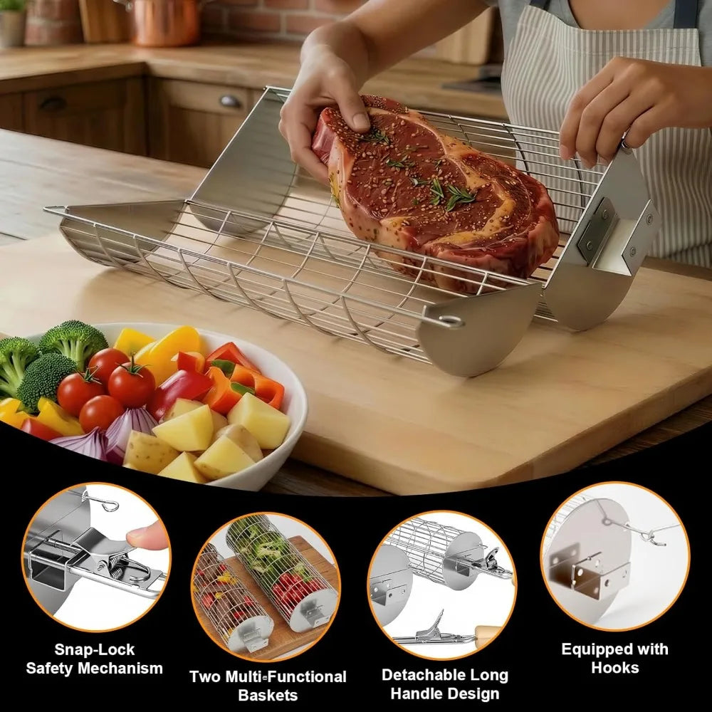 XIUWO Stainless Steel Rolling Grill Basket With Removable Handle Veggies
