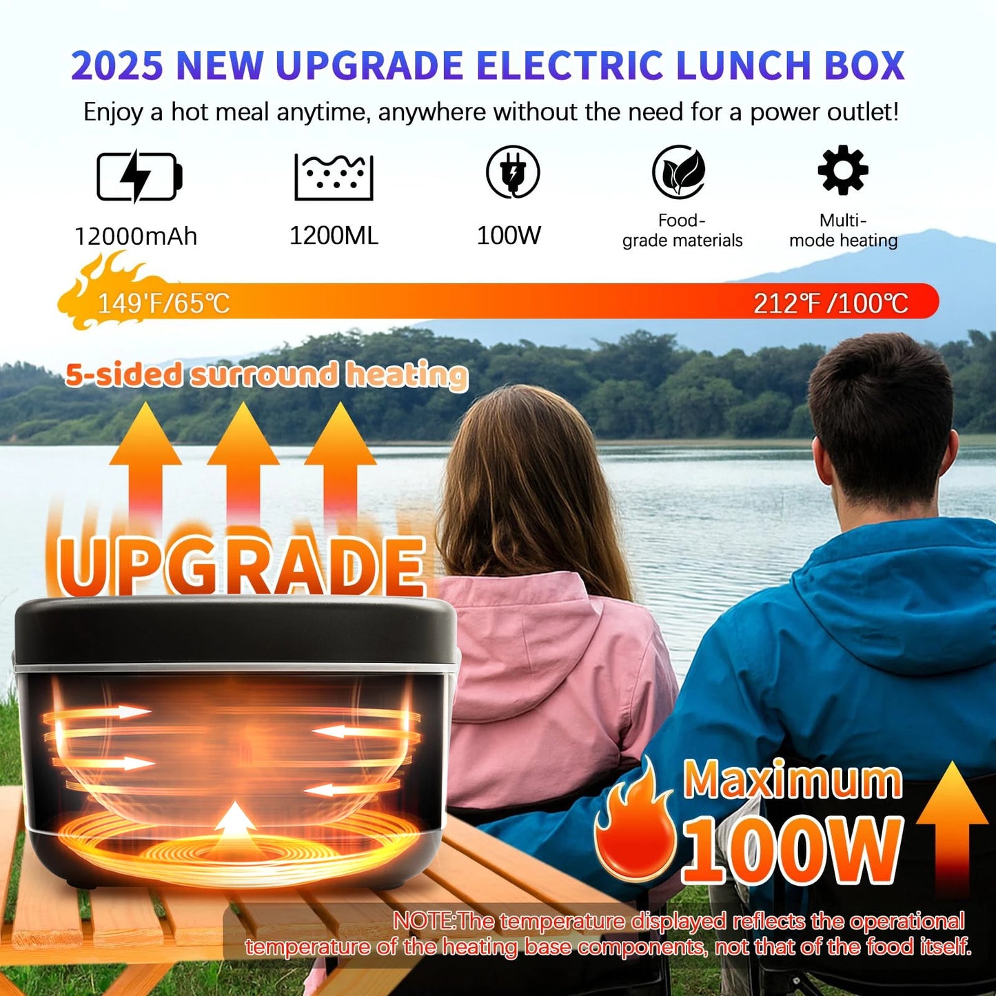 Wireless 12000mAh Lunch Box Heater With Five Sided Heating Auto Temperature