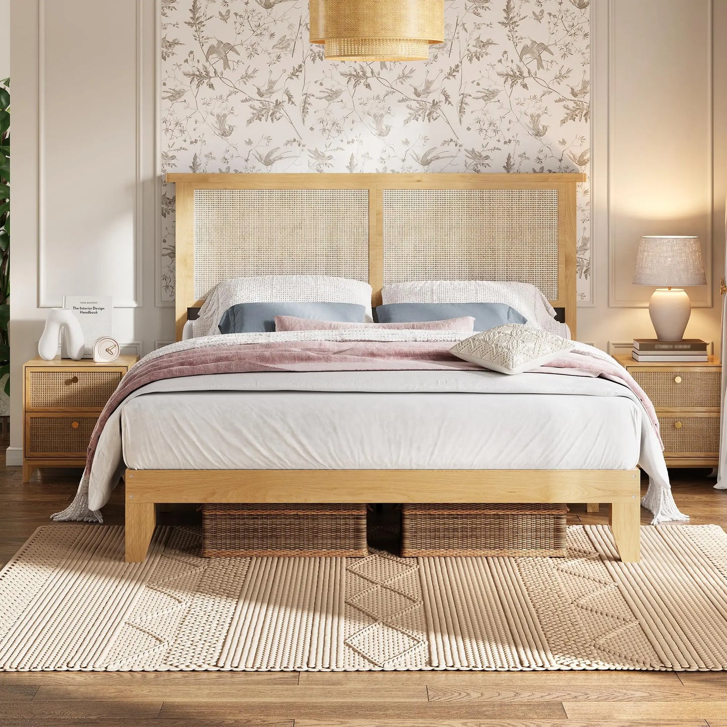 Rattan Bed Frame With LED Lights Boho Platform Bed
