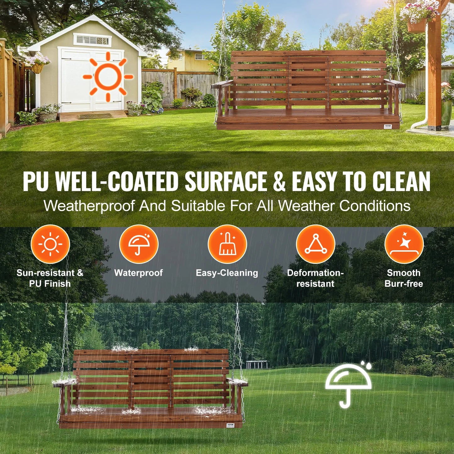 SucceBuy Cedar Wood Porch Swing Outdoor Bench With Steel Chains 880 LB Capacity