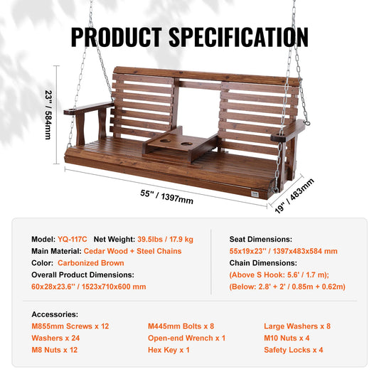 SucceBuy Wooden Porch Swing Outdoor Bench Chair 880 Pound Capacity