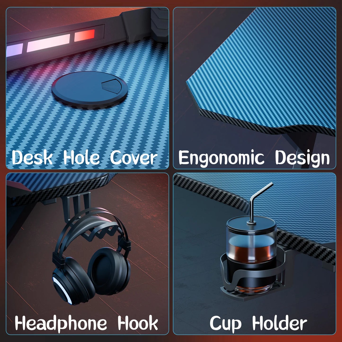 FRODROVIA Y Shaped Gaming Desk With RGB LED Lights Cup Holder