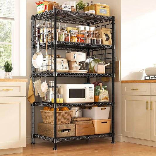 5 Tier Stainless Steel Shelving With Side Hanging Net Hooks For Kitchen