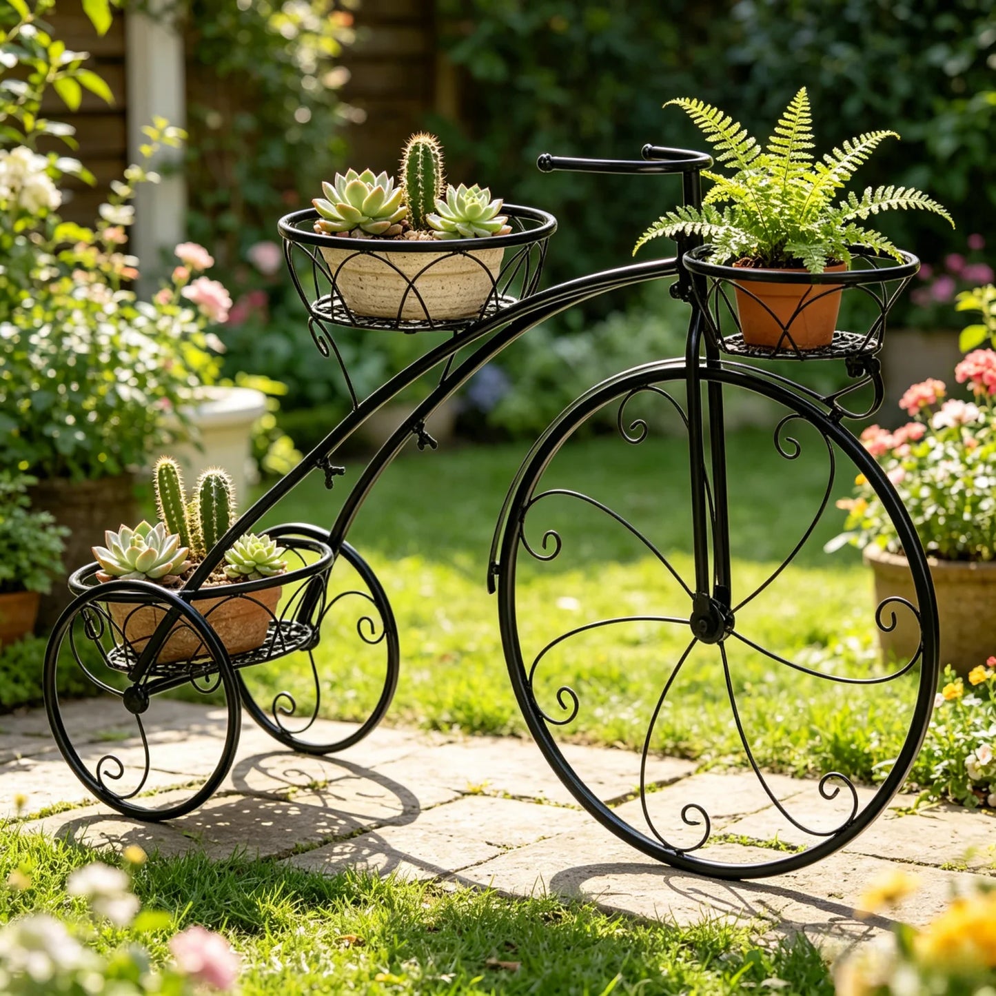 Three Tier Plant Stand Metal Wrought Iron Bicycle Tricycle Planter