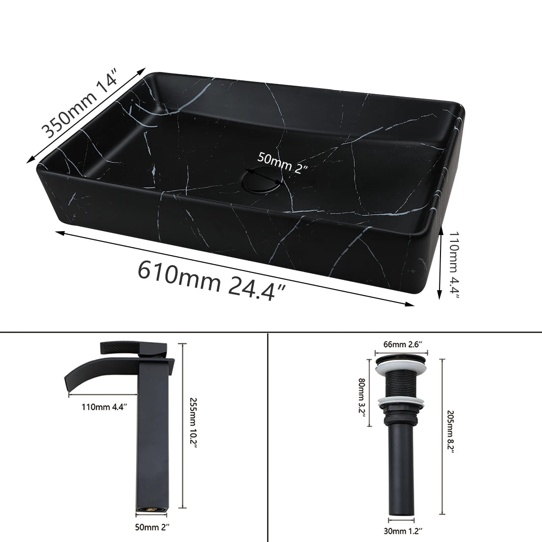 KEMAIDI Rectangular Ceramic Vessel Bathroom Sink With Drainer