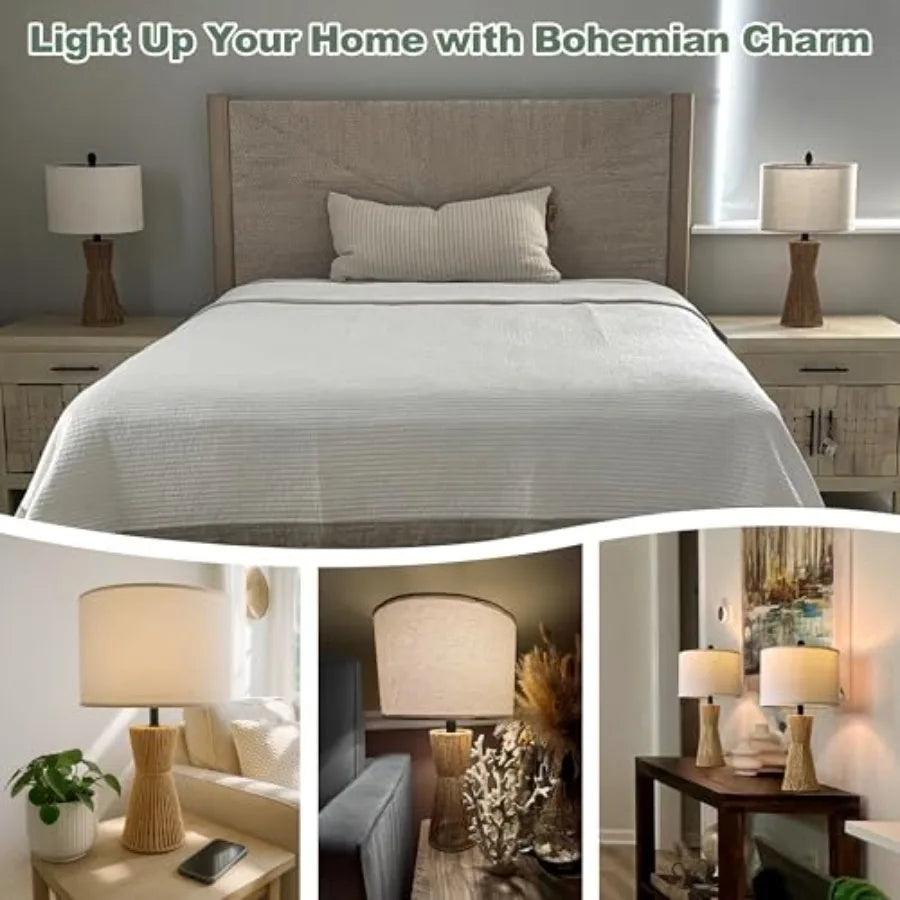 Boho Rattan Table Lamps Set Of 2 For Living Room And Bedroom
