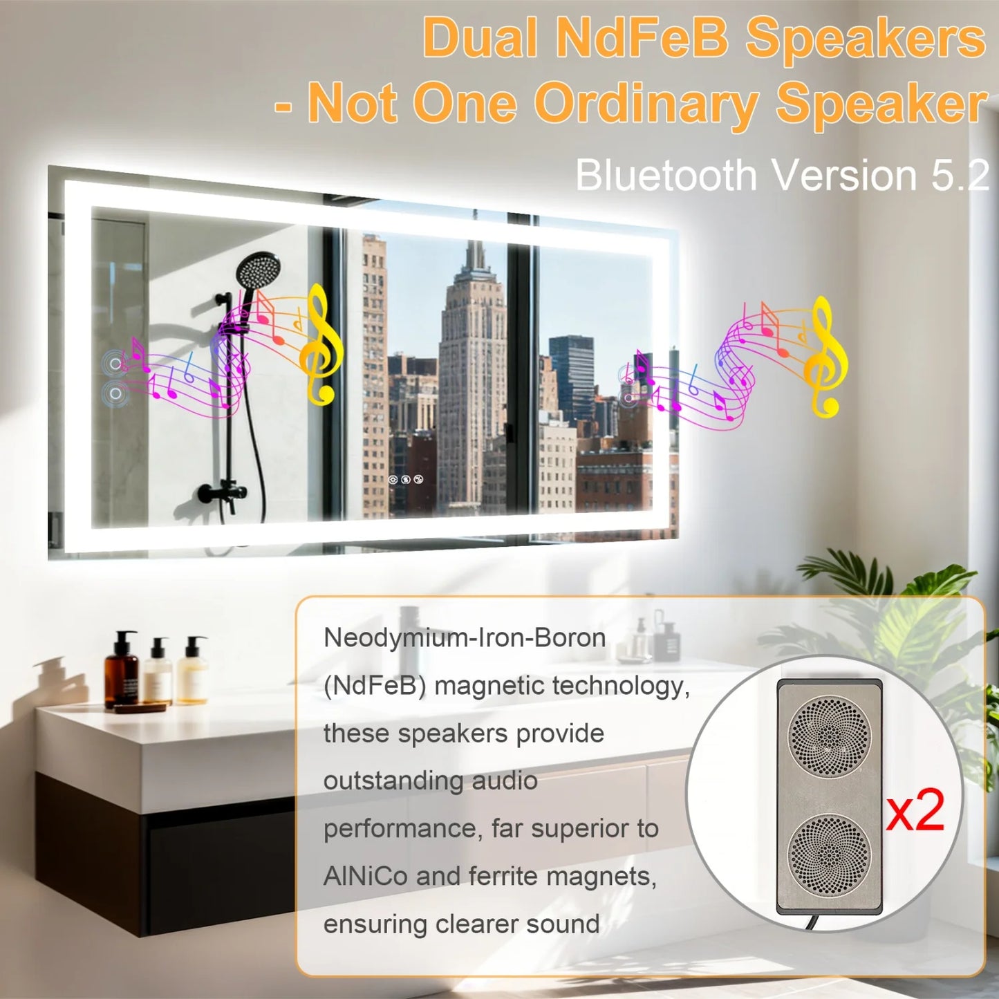 Bluetooth Bathroom Mirror With Anti Fog Dimmable Lighting And Speaker