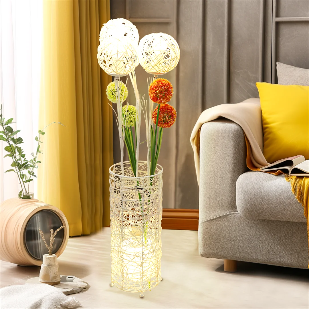 Contemporary Rattan Floor Lamp With Iron Base Decor