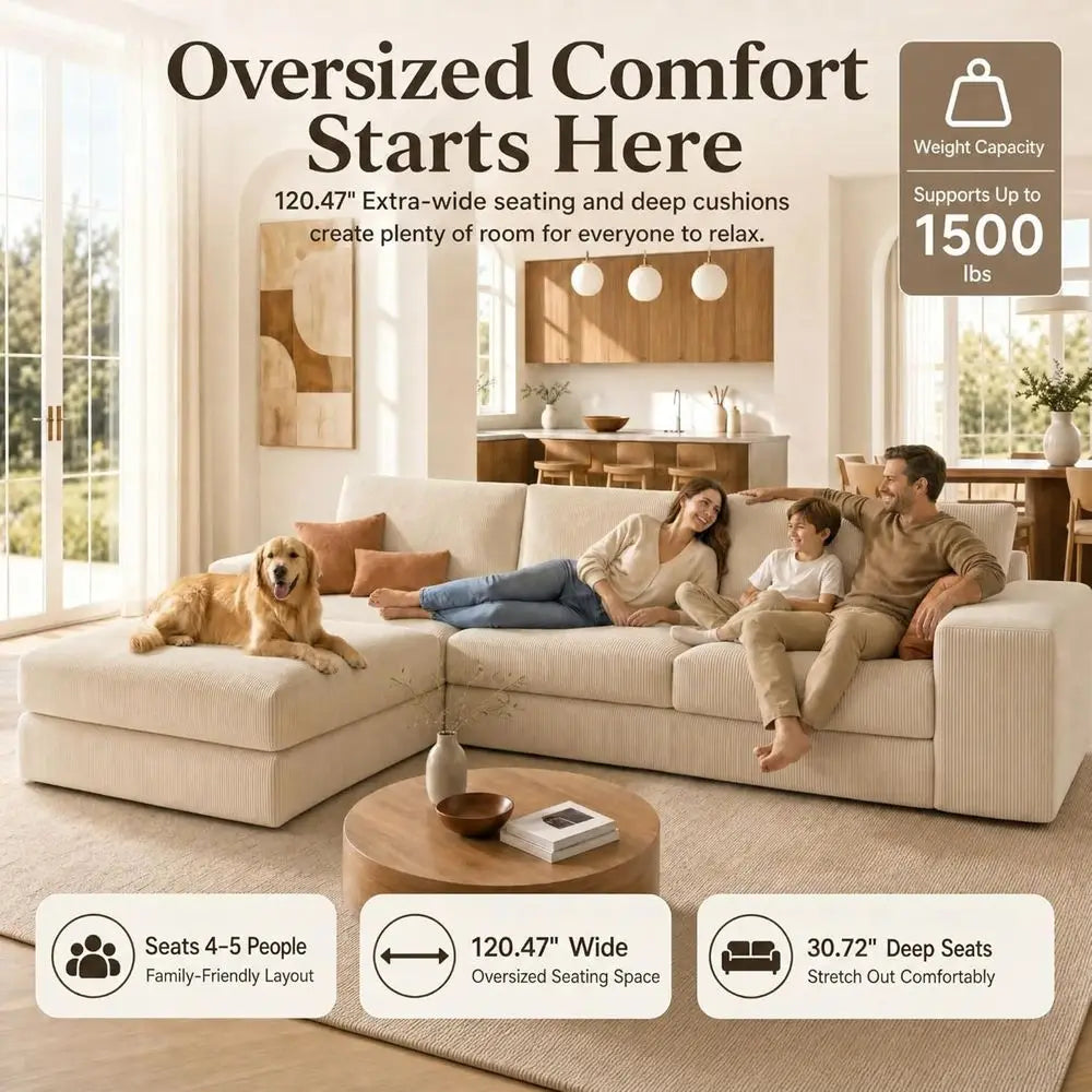 Corduroy L Shaped Chaise Sectional Sofa With Deep Seat