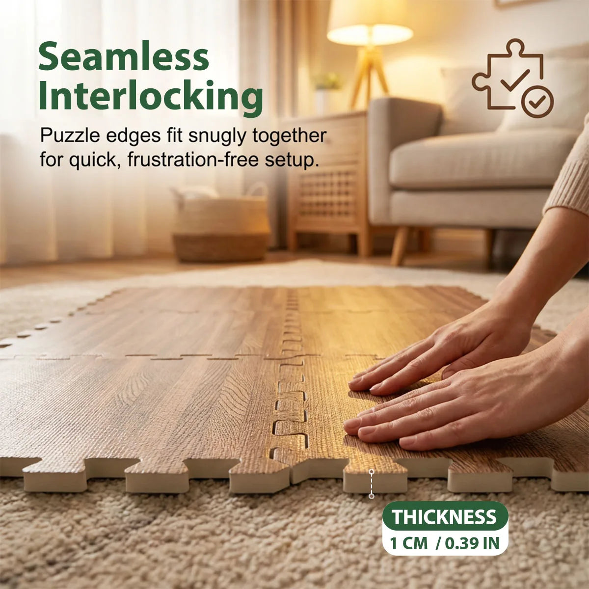 Wood Grain Interlocking EVA Foam Floor Tiles, 24 Pack 30x30cm Waterproof Puzzle Exercise Mat, 1cm Thick Noise Reduction Non Slip Foam Flooring for Living Room Bedroom Gym Kids Playroom