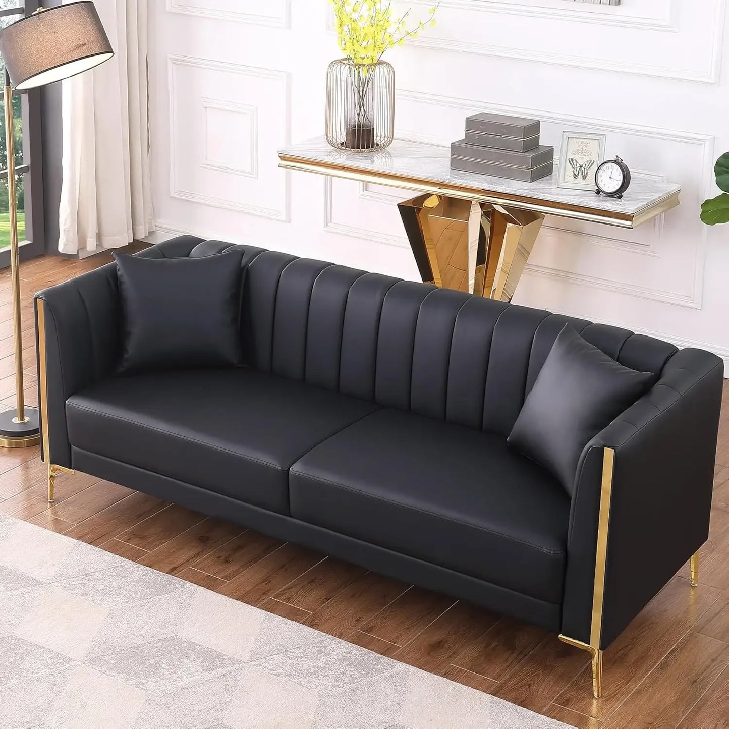 Modern Faux Leather 3 Seater Sofa With Gold Metal Legs