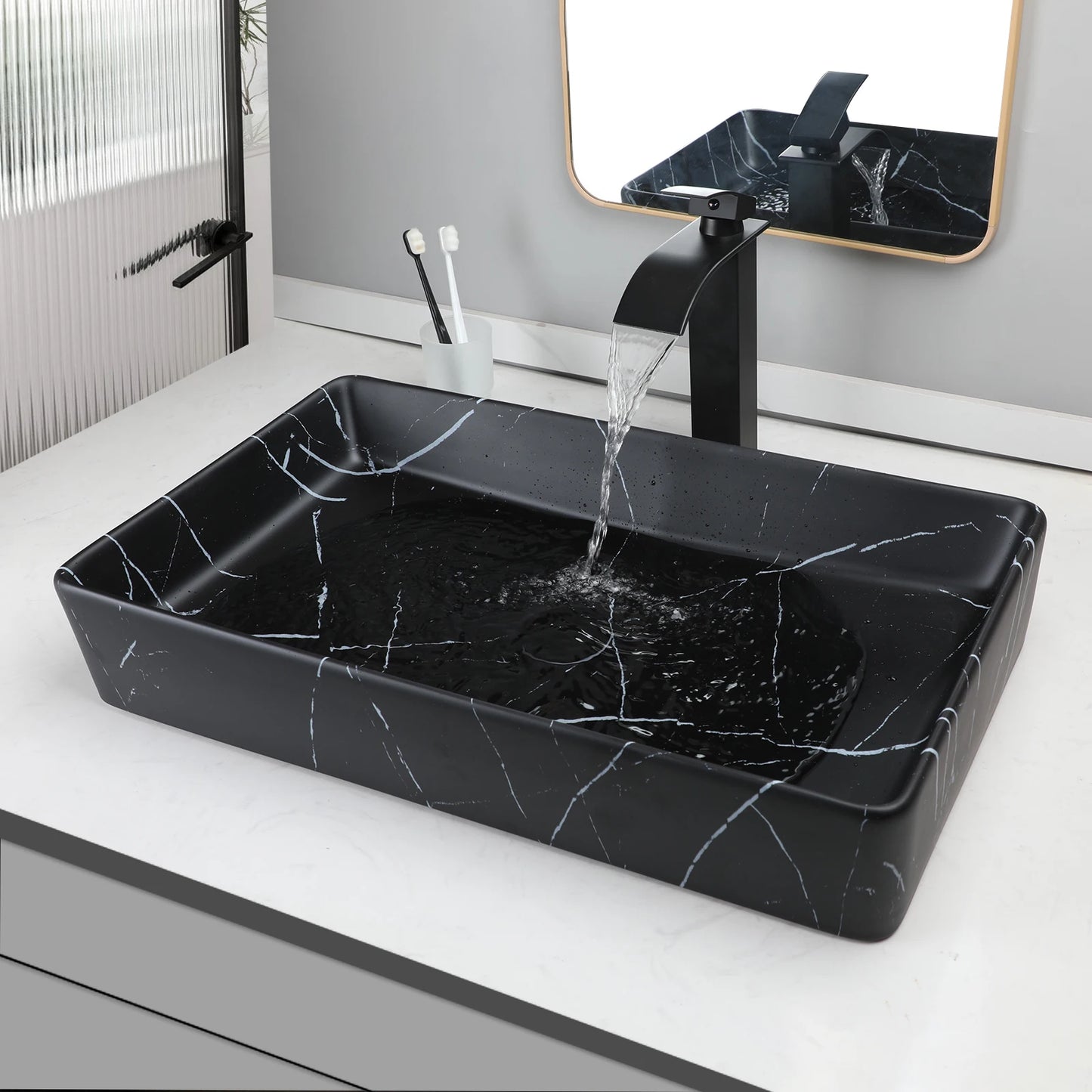 KEMAIDI Rectangular Ceramic Vessel Bathroom Sink With Drainer