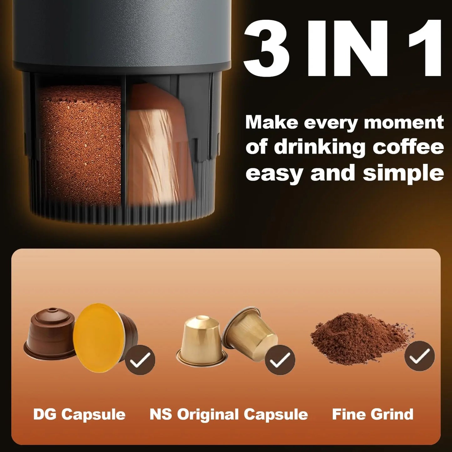 3 In 1 Portable Electric Espresso Coffee Maker With Rechargeable Battery And Aluminum Body