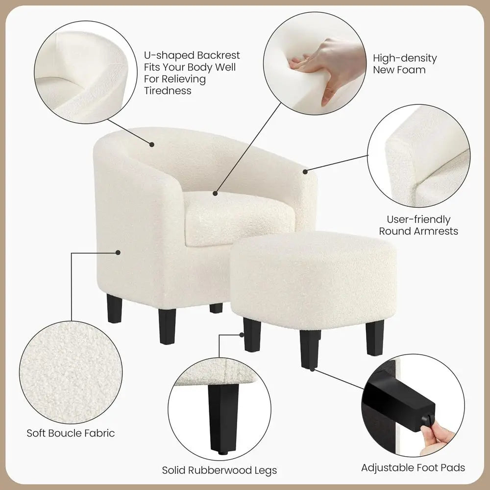 Barrel Chair With Ottoman Set in Boucle Fabric for Living Room