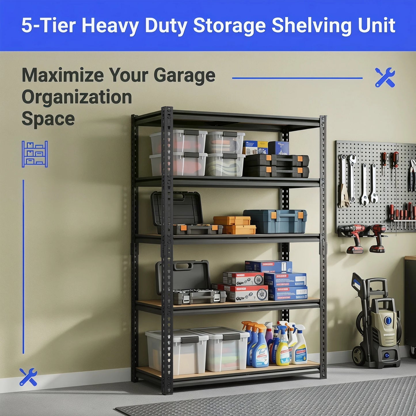 Heavy Duty Industrial Metal Storage Shelves Five-Tier Garage Unit