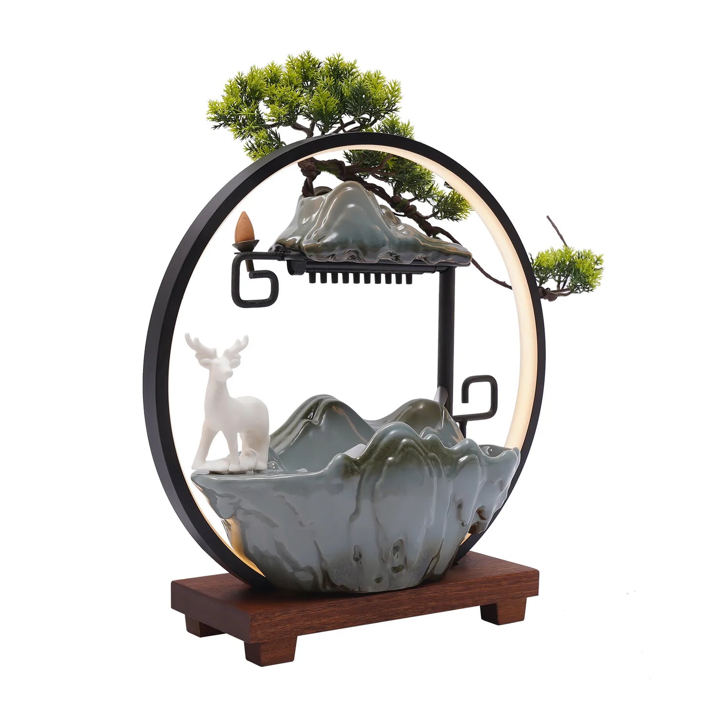 Ceramic Tabletop Fountain With Mist LED Deer Figurine Pine Branches