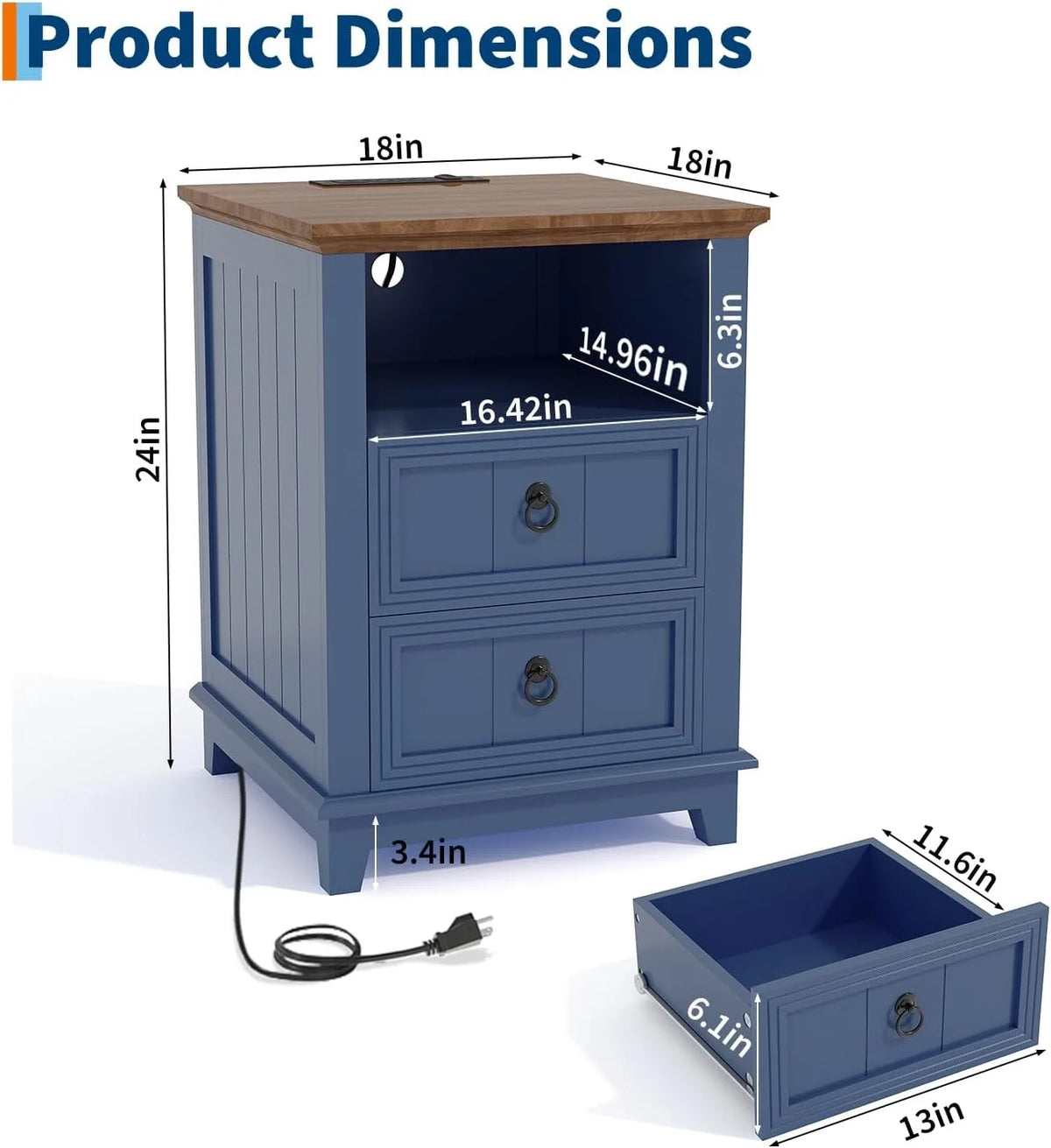 ANIXOL Modern Fluted Nightstand With USB Charging Station