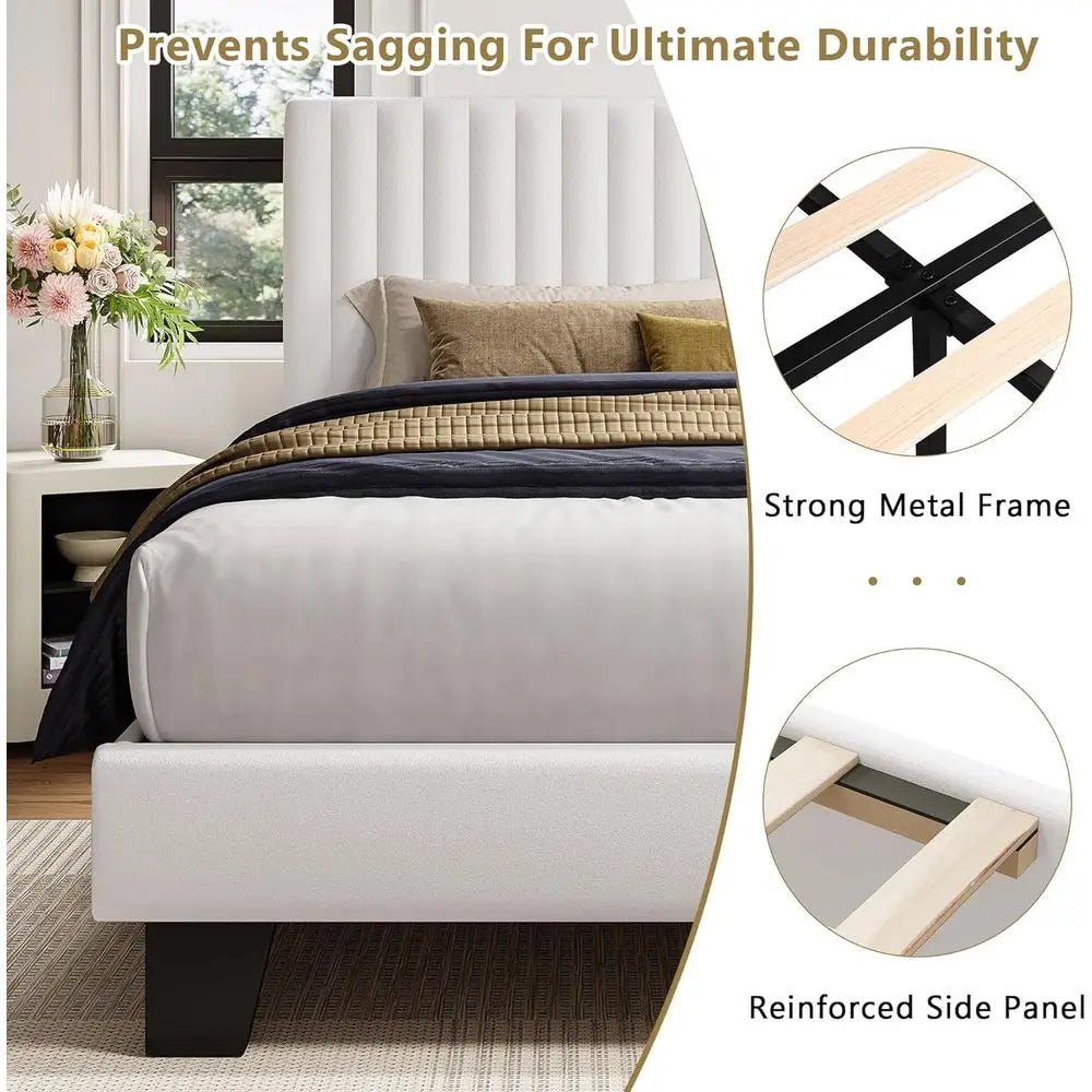 LISM Upholstered Platform Bed Frame With Vertical Velvet Headboard