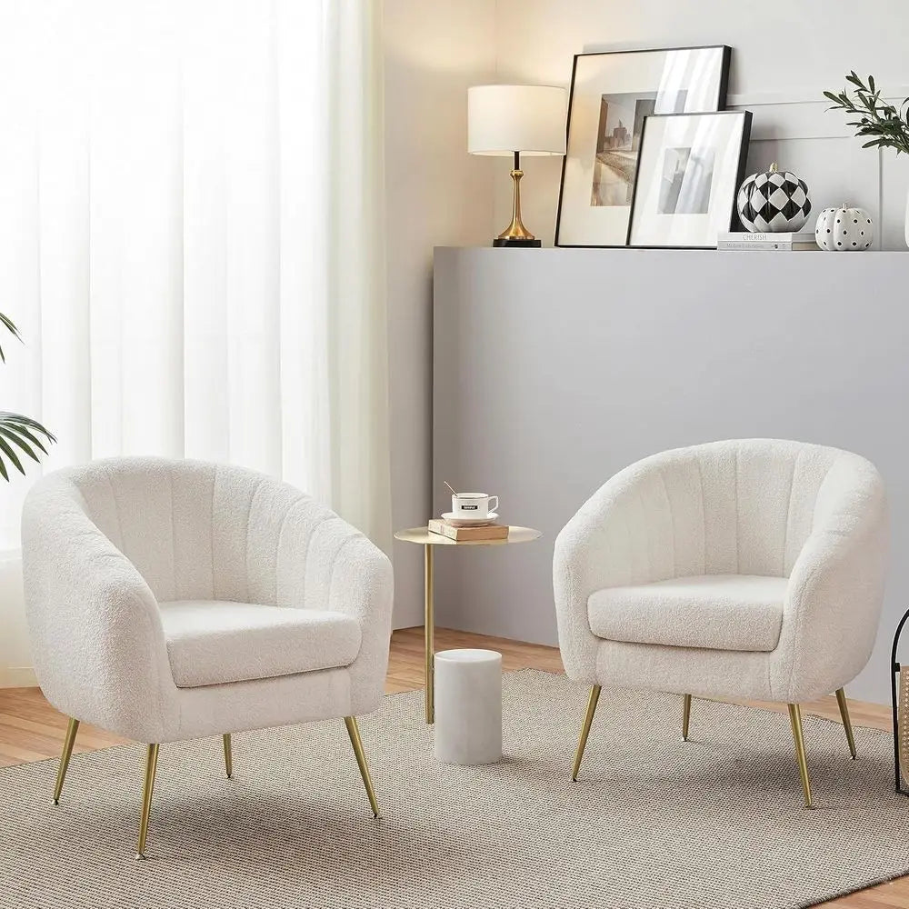 Barrel Accent Chairs Set of 2 Boucle Fabric Armchairs with Gold Legs