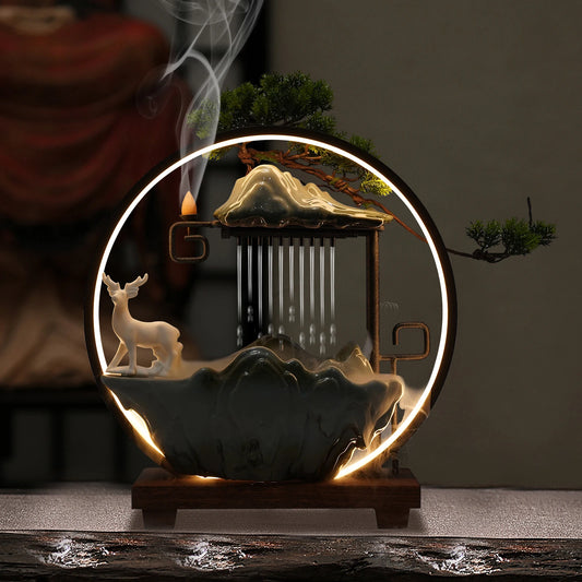 Ceramic Tabletop Fountain With Mist LED Deer Figurine Pine Branches