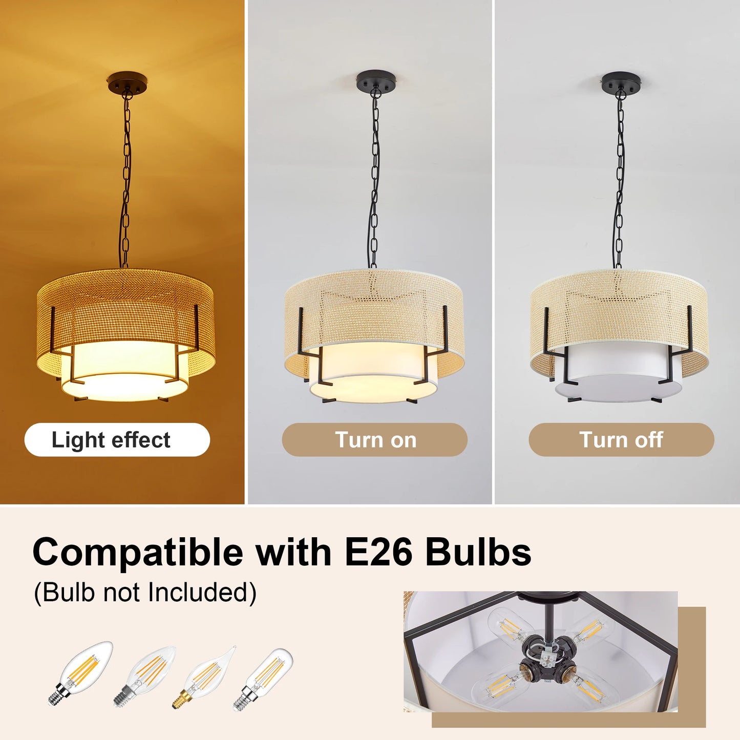 Zhikea Farmhouse Boho Chandelier With Rattan And Fabric Shade