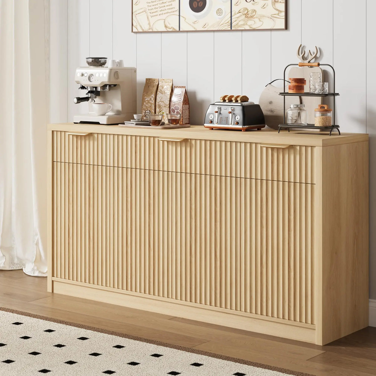 HiMISS Fluted Buffet Sideboard Cabinet With Drawers, Doors And Shelves