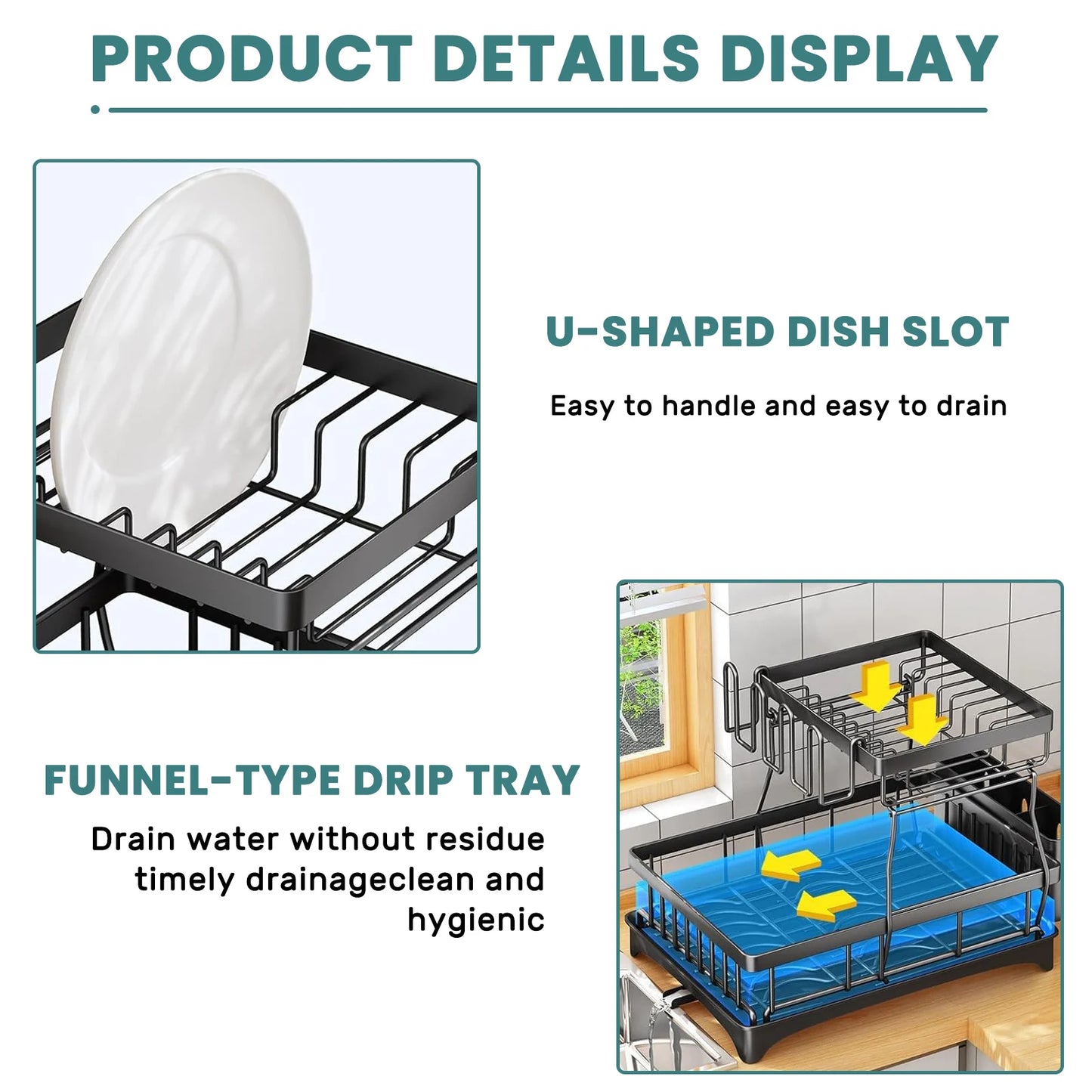 Two Tier Metal Dish Drying Rack Removable For Kitchen Countertop Large Capacity