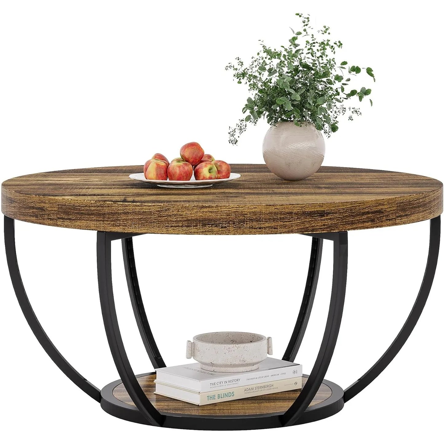 Little Tree Circle Marble Coffee Table With Gold Metal Legs Open Storage