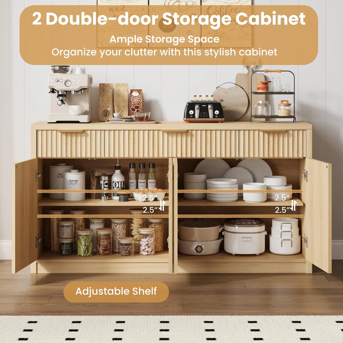 HiMISS Fluted Buffet Sideboard Cabinet With Drawers, Doors And Shelves