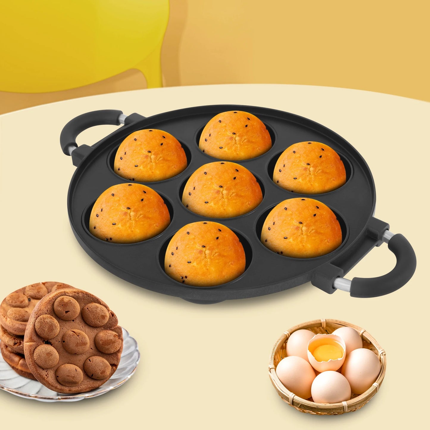 Bymaocar 7-Hole Cake Pan With Handle Nonstick Takoyaki Maker