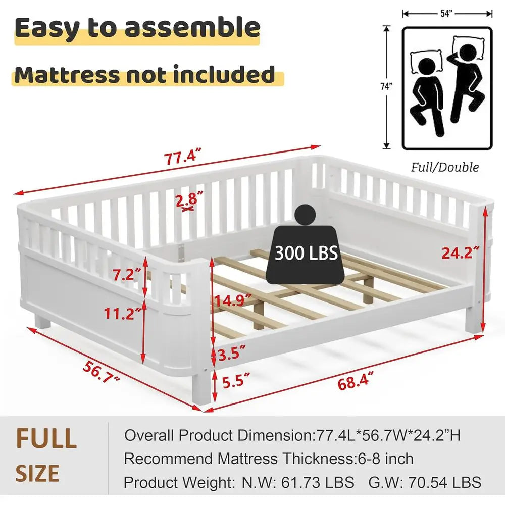 Modern Pine Wood Kids Floor Bed With Side Rails And Slats