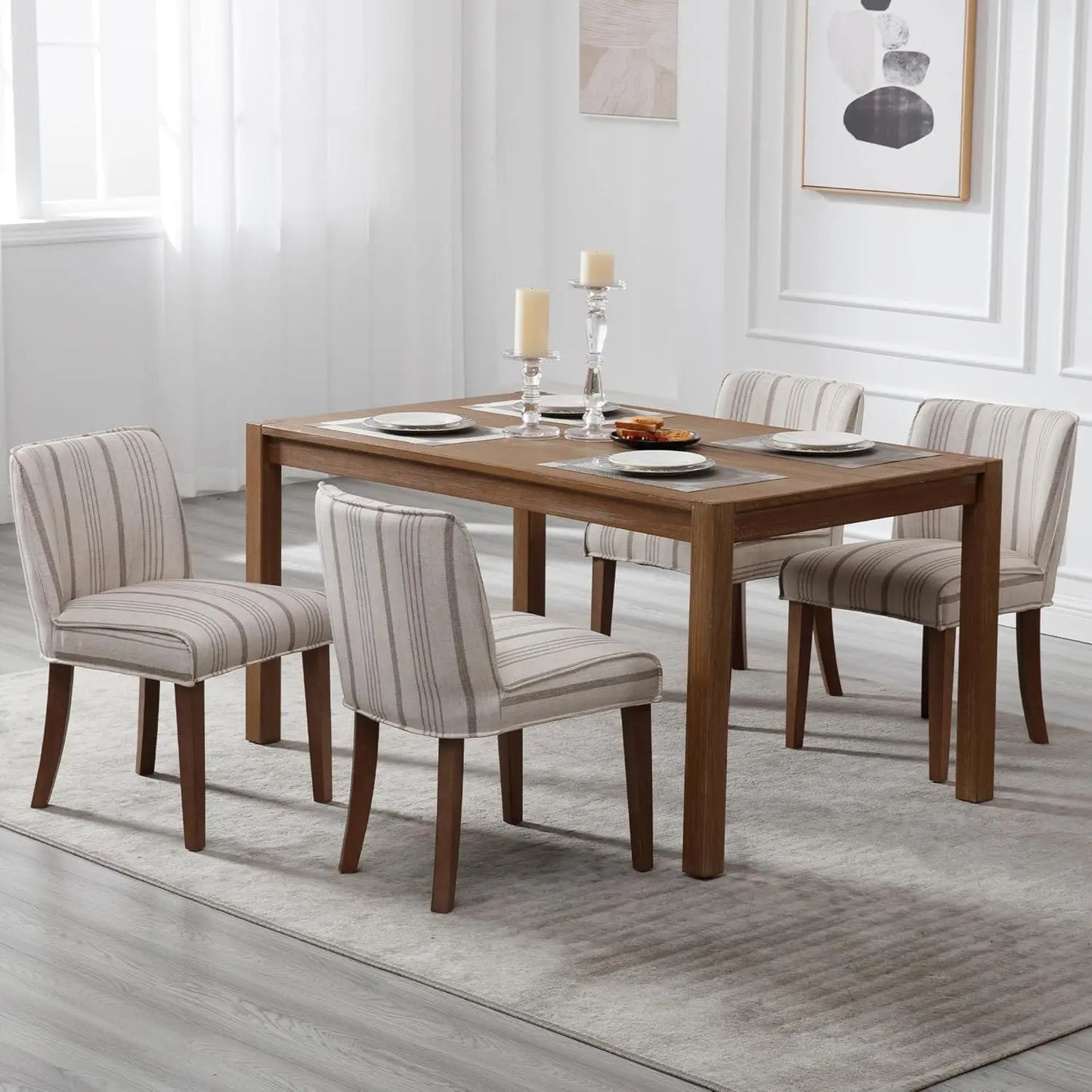 Farmhouse Dining Chairs Set Upholstered Linen Fabric Walnut Wood