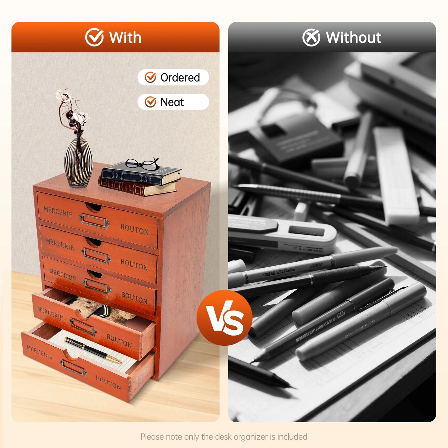 Wooden Five Drawer Desk Organizer for Office and Bedroom